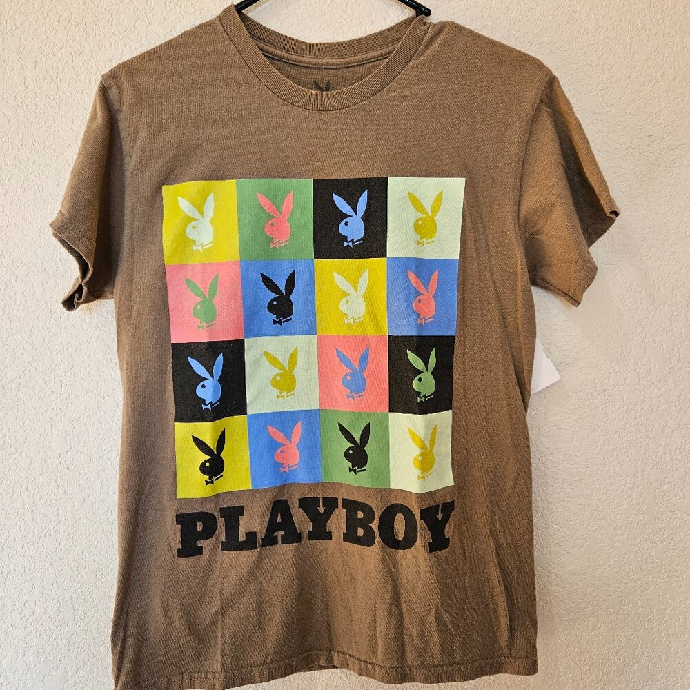 Playboy Bunny Multi Color Blocks Boxes Tan Cotton T-shirt Size S Unisex